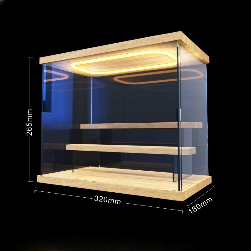 Prozirna akrilna vitrina za blind box figurice Bubble Mart – prikaz u stubama uz LED osvjetljenje i zaštitu od prašine