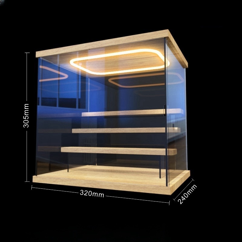 Prozirna akrilna vitrina za blind box figurice Bubble Mart – prikaz u stubama uz LED osvjetljenje i zaštitu od prašine