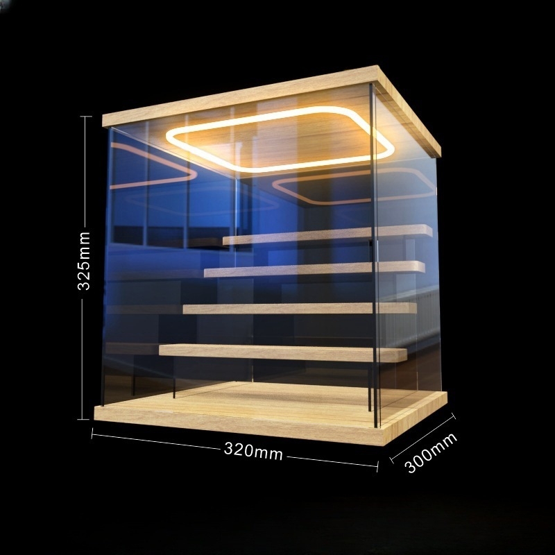 Prozirna akrilna vitrina za blind box figurice Bubble Mart – prikaz u stubama uz LED osvjetljenje i zaštitu od prašine