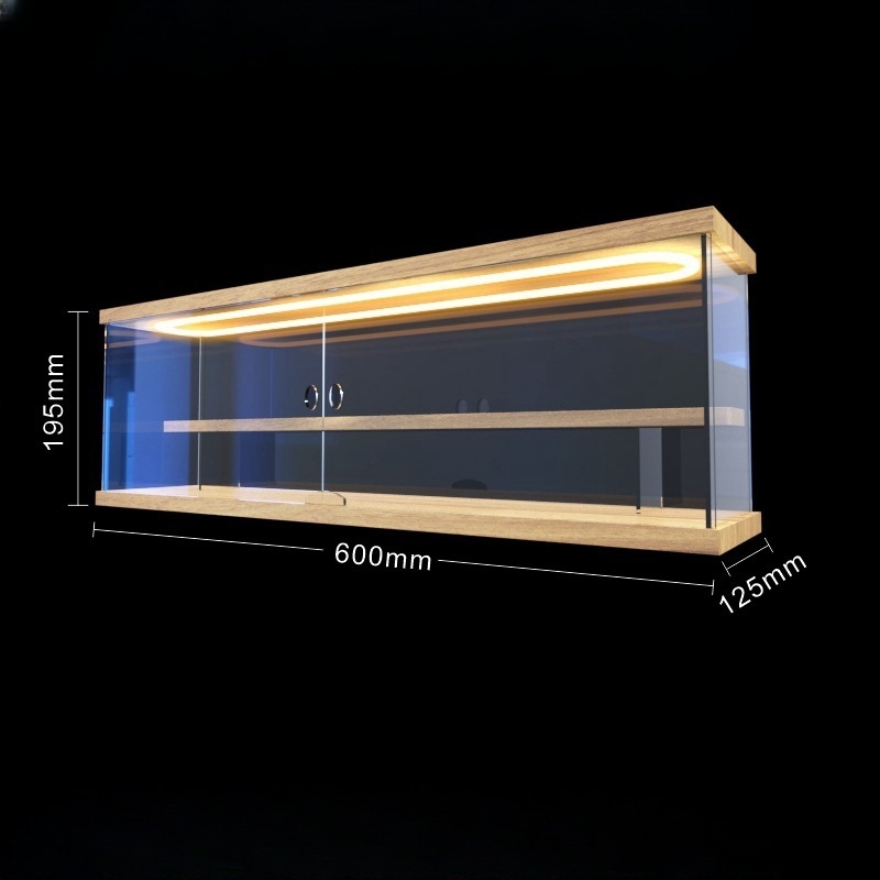 Prozirna akrilna vitrina za blind box figurice Bubble Mart – prikaz u stubama uz LED osvjetljenje i zaštitu od prašine