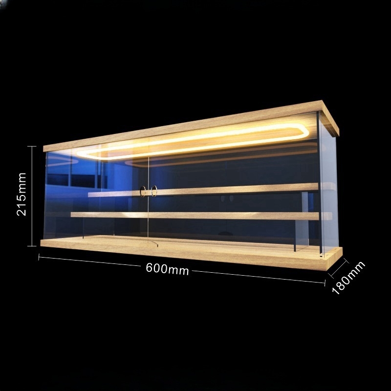 Prozirna akrilna vitrina za blind box figurice Bubble Mart – prikaz u stubama uz LED osvjetljenje i zaštitu od prašine