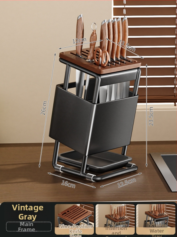 Drveni držač nože na kuhinjskom pultu s integriranim spremnikom za pribor i štapiće za jelo