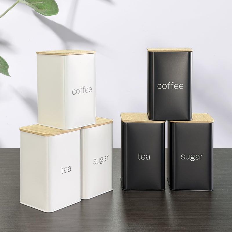 Зърна кафе в кутия с бамбуков капак, метална кутия в стил Starbucks за кафе, захарни бонбони и чай