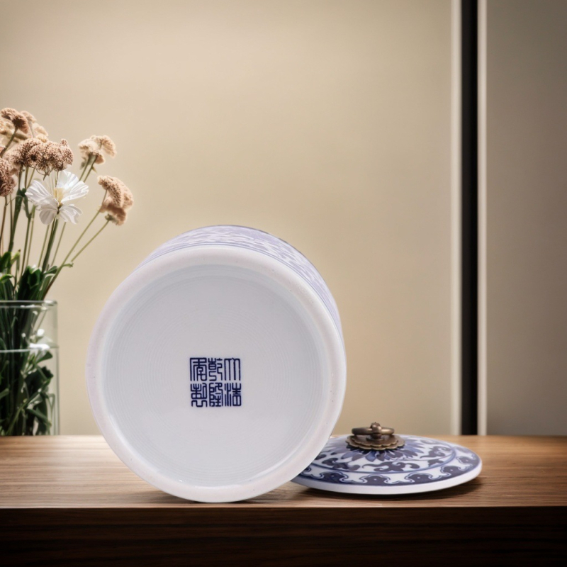 Plavo-bijeli porcelanski spremnik za čaj s kapom od bakrenog prstena, cilindrični spremnik za pohranu