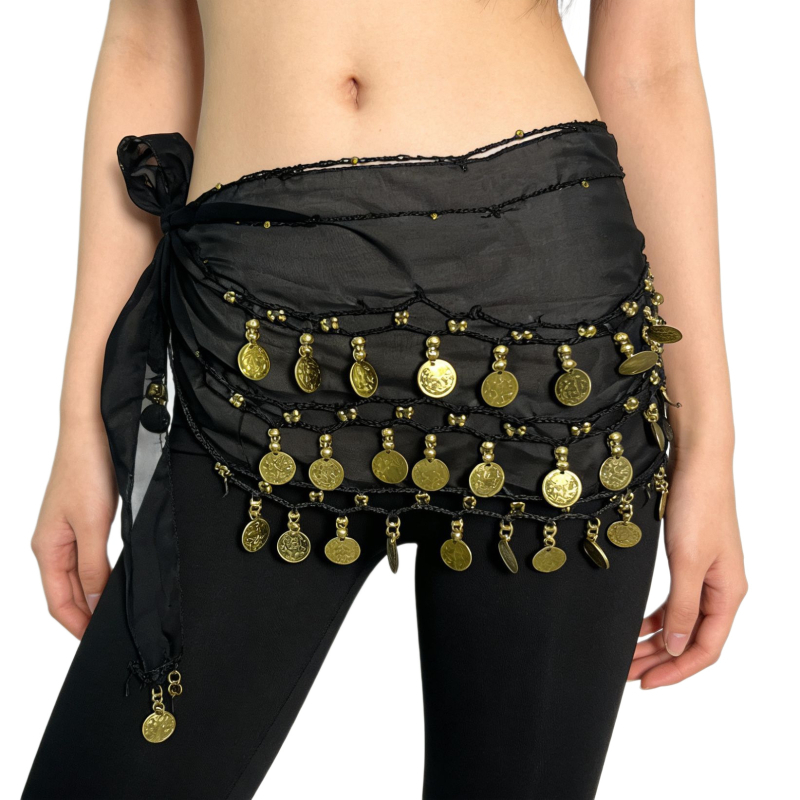 Колан за талия Belly Dance с 72 монети, шифонова лента за начинаещи, индийски танц