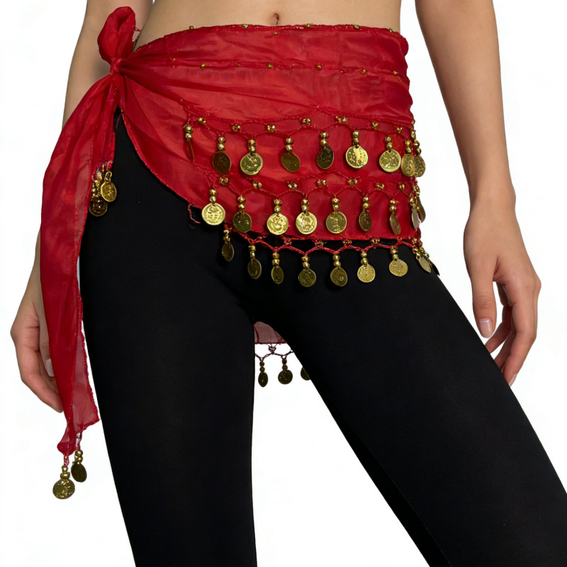 Колан за талия Belly Dance с 72 монети, шифонова лента за начинаещи, индийски танц