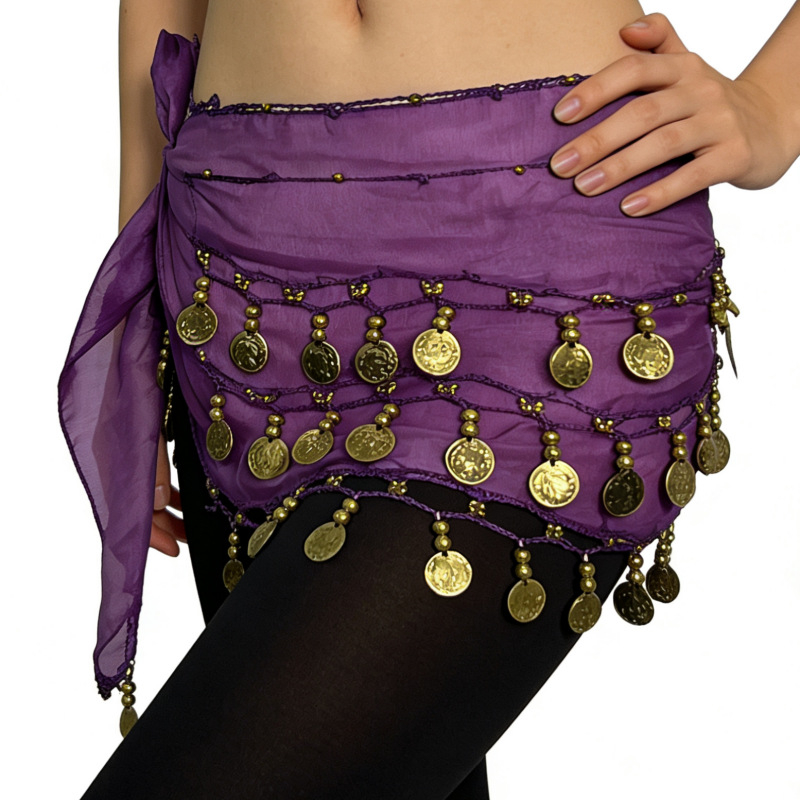Колан за талия Belly Dance с 72 монети, шифонова лента за начинаещи, индийски танц