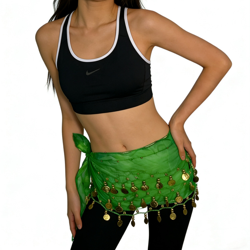 Колан за талия Belly Dance с 72 монети, шифонова лента за начинаещи, индийски танц