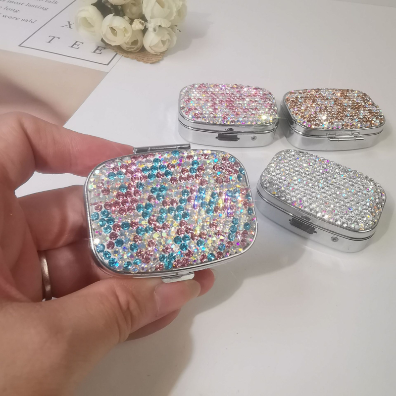 Kovinska kutija za tablete s dijamantima, mini putna kutija za pohranu, kvadratni ili kružni oblik, kutija za nakit i slatkiše