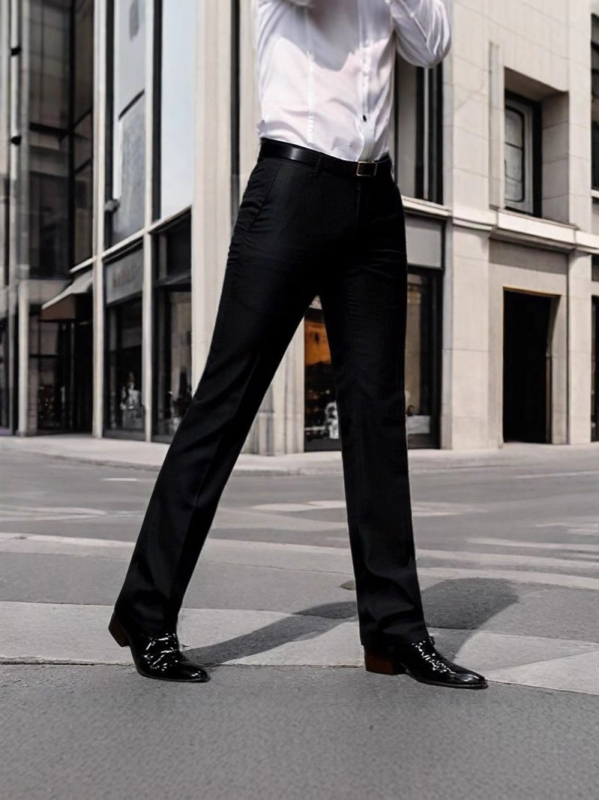 Férfiak slim-fit üzleti nadrág, egyenes szabás, fekete, rugalmas anyag, kiváló esés