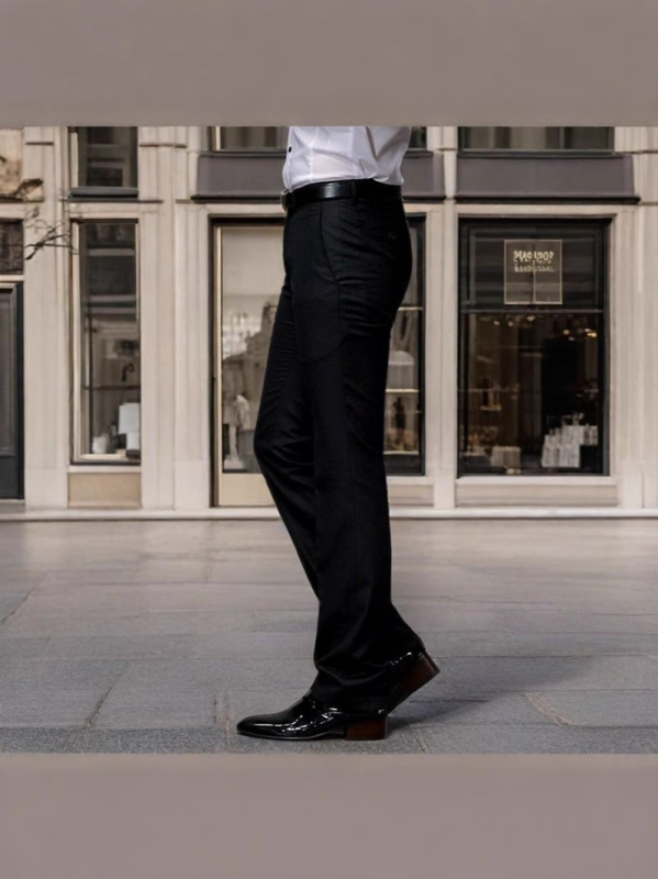 Férfiak slim-fit üzleti nadrág, egyenes szabás, fekete, rugalmas anyag, kiváló esés