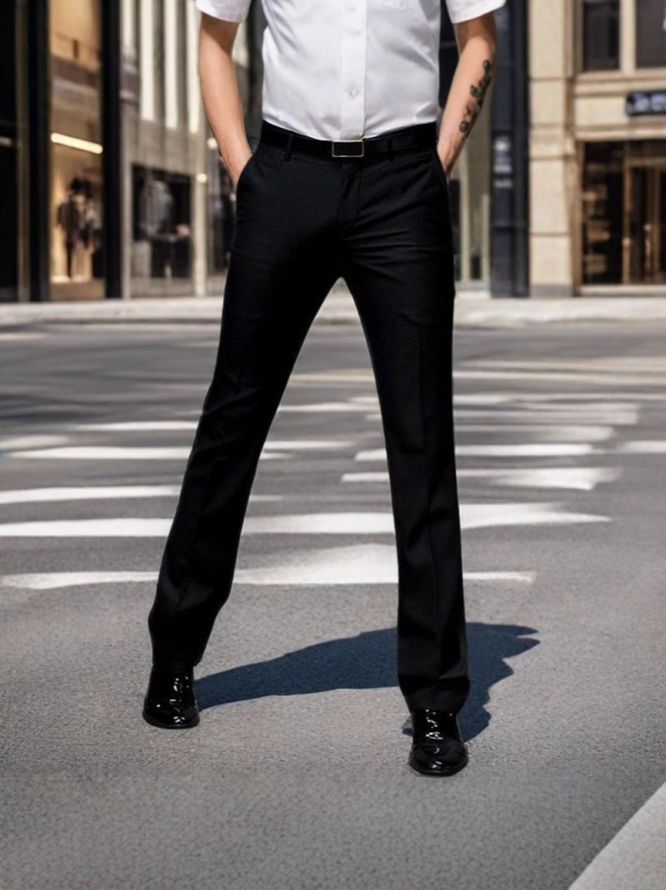 Férfiak slim-fit üzleti nadrág, egyenes szabás, fekete, rugalmas anyag, kiváló esés