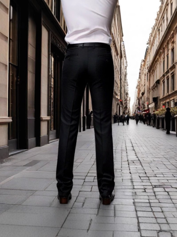 Férfiak slim-fit üzleti nadrág, egyenes szabás, fekete, rugalmas anyag, kiváló esés