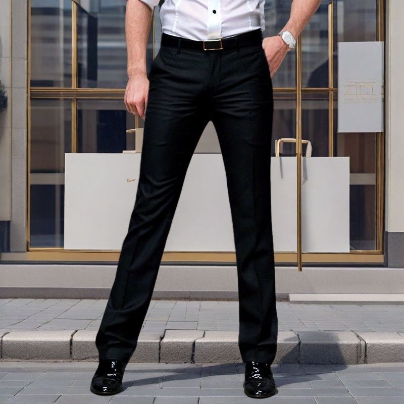 Férfiak slim-fit üzleti nadrág, egyenes szabás, fekete, rugalmas anyag, kiváló esés