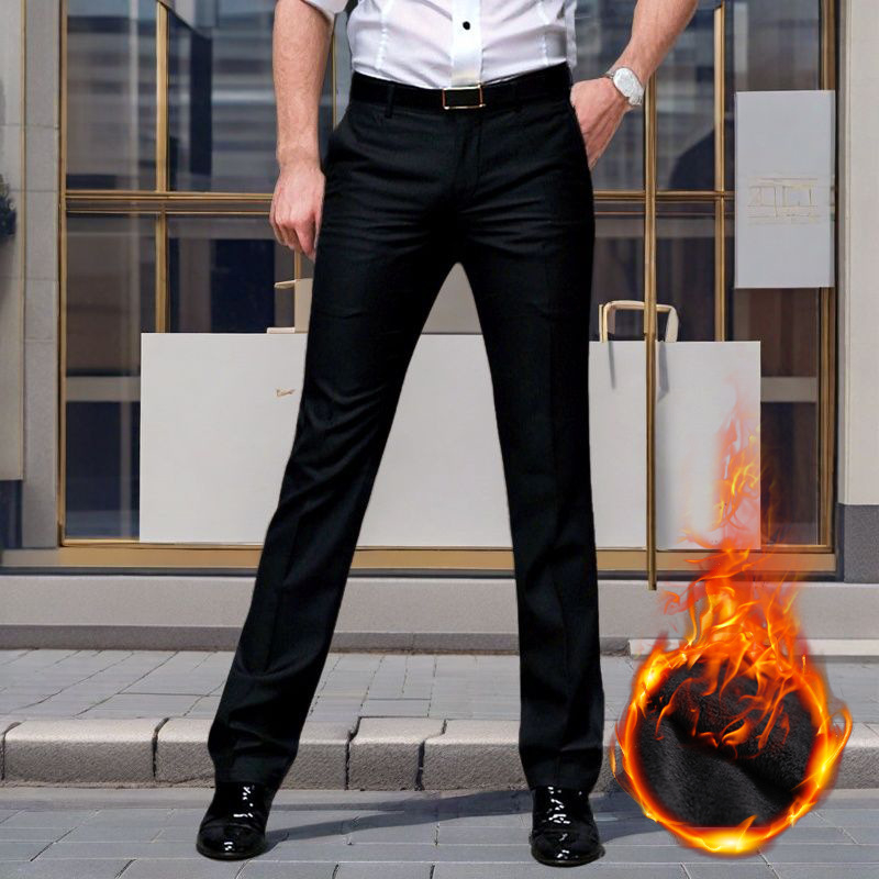 Férfiak slim-fit üzleti nadrág, egyenes szabás, fekete, rugalmas anyag, kiváló esés
