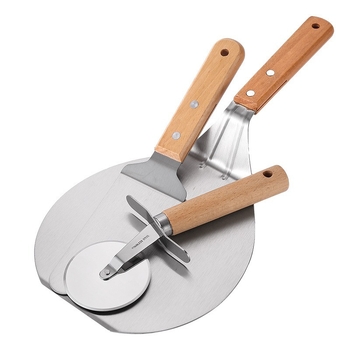 Комплект лопатка за пица с дръжка от бук, неръждаема стомана, 3 части: лопатка за пица, нож за торта и шпатула за пренасяне