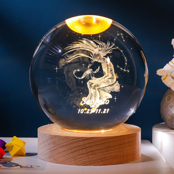 Svetleća kristalna kugla s 12 zviježđima zodijaka, unutarnja gravura Vage, drvena podloga, kreativni mali ukras