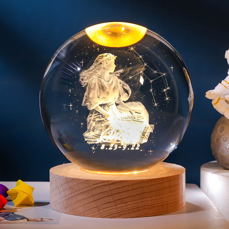 Svetleća kristalna kugla s 12 zviježđima zodijaka, unutarnja gravura Vage, drvena podloga, kreativni mali ukras