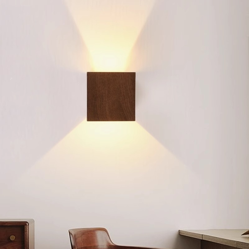 Moderna LED zidna svjetiljka u kineskom stilu, minimalističkog kvadratnog oblika, orah boja, pogodna za spavaću sobu i hodnik