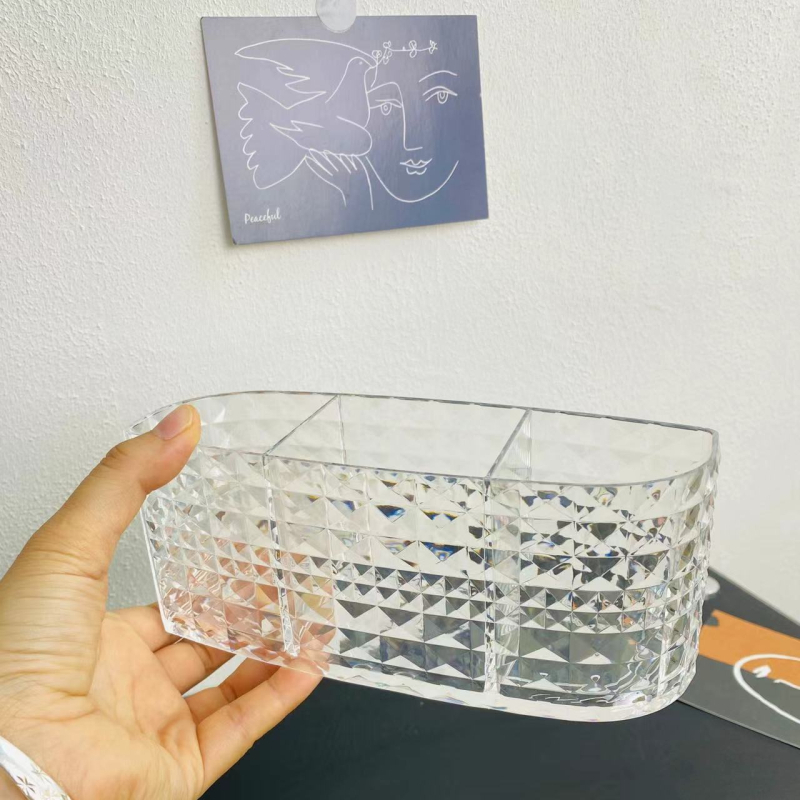 Yushun 6608 Kutija za pohranu četkica za šminku s pretincima, organizator s tri odjeljka, prugasti uzorak, plast, 18,5×6×8 cm, 888 ml
