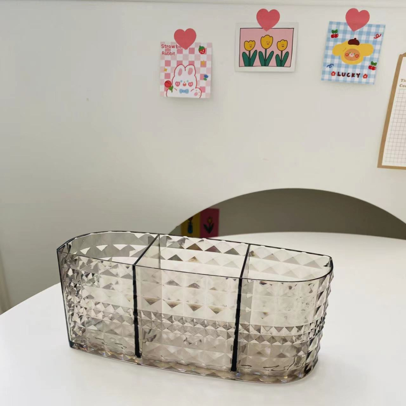 Yushun 6608 Kutija za pohranu četkica za šminku s pretincima, organizator s tri odjeljka, prugasti uzorak, plast, 18,5×6×8 cm, 888 ml