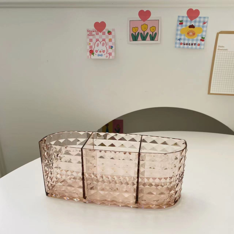 Yushun 6608 Kutija za pohranu četkica za šminku s pretincima, organizator s tri odjeljka, prugasti uzorak, plast, 18,5×6×8 cm, 888 ml
