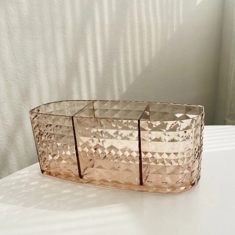 Yushun 6608 Kutija za pohranu četkica za šminku s pretincima, organizator s tri odjeljka, prugasti uzorak, plast, 18,5×6×8 cm, 888 ml