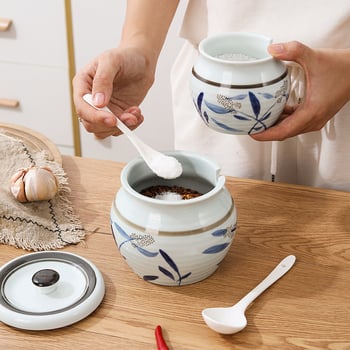 Trodijelni keramički set posuda za masnoću, čili i začine; ručno oslikana keramika s podglazurnim premazom u japanskom stilu