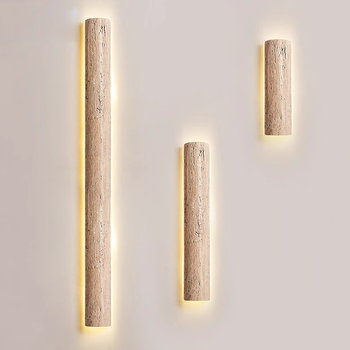 Žuto travertinsko linearno LED zidno svjetlo, u stilu Wabi-Sabi, dizajnerska retro atmosfera za stubište i pozadinu dnevnog boravka