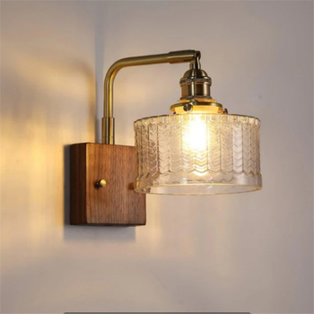 Američka retro zidna lampa sa staklenim abažurom i bakrenim tijelom, LED 220V, pogodna za dnevni boravak, spavaću sobu, radni prostor ili hodnik - japanski orah završna obrada