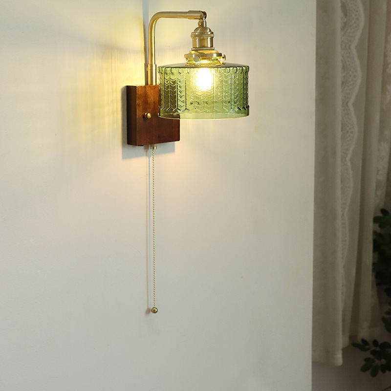 Američka retro zidna lampa sa staklenim abažurom i bakrenim tijelom, LED 220V, pogodna za dnevni boravak, spavaću sobu, radni prostor ili hodnik - japanski orah završna obrada