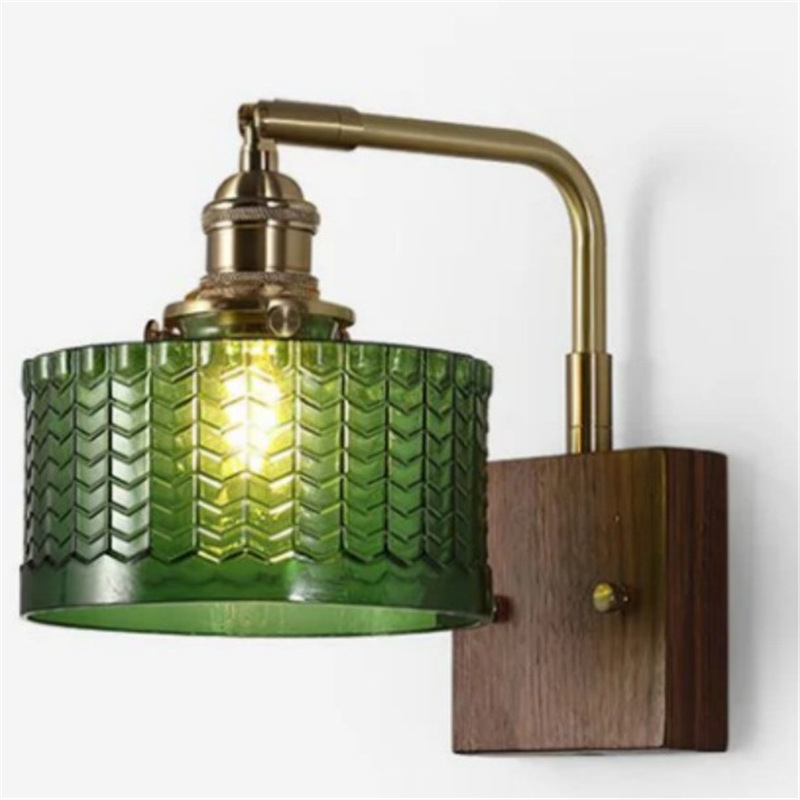 Američka retro zidna lampa sa staklenim abažurom i bakrenim tijelom, LED 220V, pogodna za dnevni boravak, spavaću sobu, radni prostor ili hodnik - japanski orah završna obrada