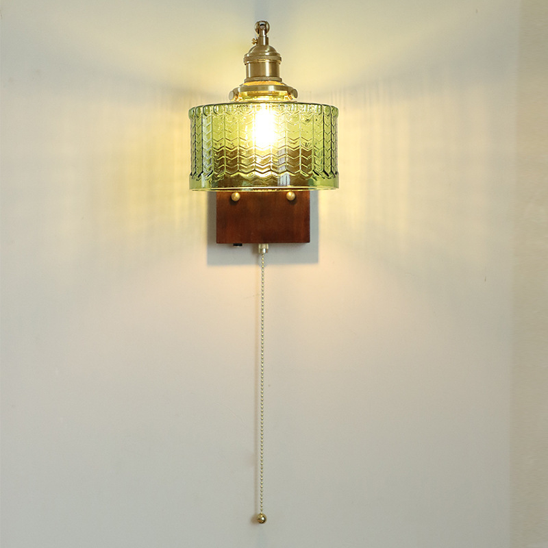 Američka retro zidna lampa sa staklenim abažurom i bakrenim tijelom, LED 220V, pogodna za dnevni boravak, spavaću sobu, radni prostor ili hodnik - japanski orah završna obrada