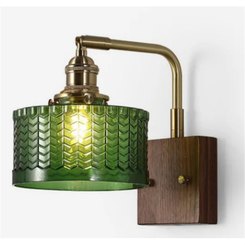 Američka retro zidna lampa sa staklenim abažurom i bakrenim tijelom, LED 220V, pogodna za dnevni boravak, spavaću sobu, radni prostor ili hodnik - japanski orah završna obrada