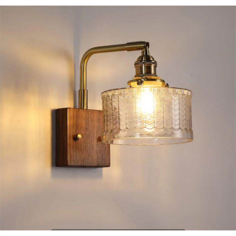 Američka retro zidna lampa sa staklenim abažurom i bakrenim tijelom, LED 220V, pogodna za dnevni boravak, spavaću sobu, radni prostor ili hodnik - japanski orah završna obrada