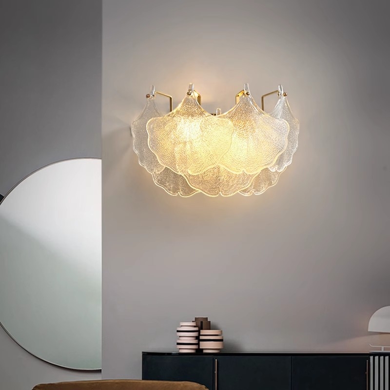 Zidna lampa za spavaću sobu sa staklenim listom ginka, noćna svjetiljka za dnevni boravak i glavnu spavaću sobu, LED podesiva, moderni minimalistički stil
