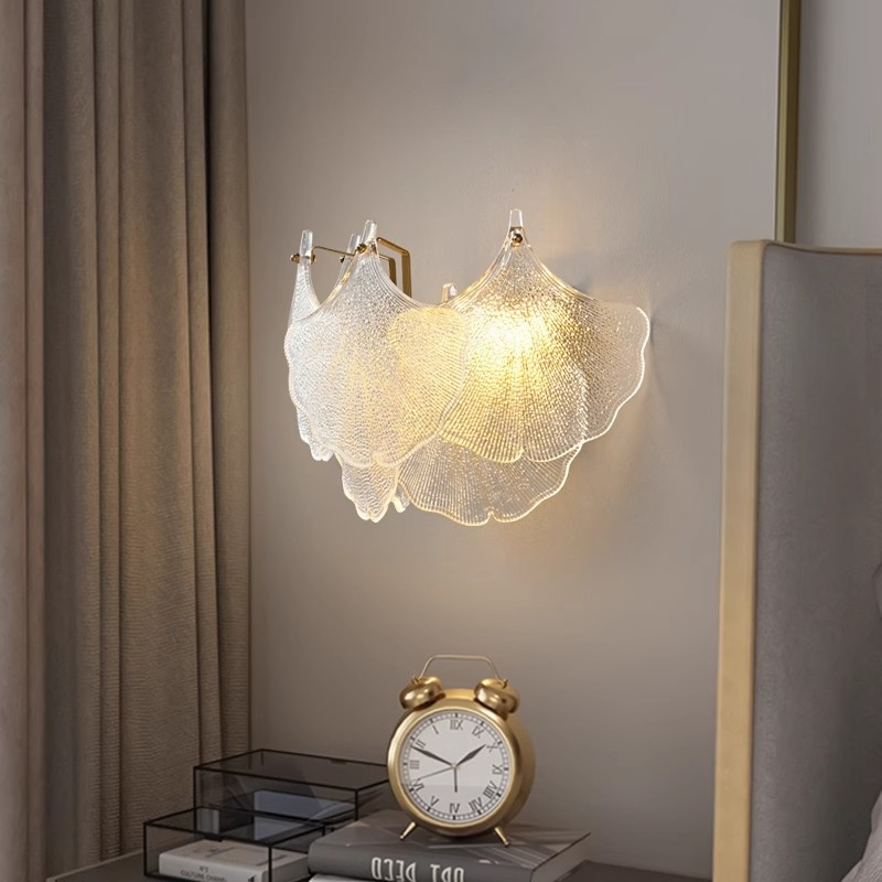 Zidna lampa za spavaću sobu sa staklenim listom ginka, noćna svjetiljka za dnevni boravak i glavnu spavaću sobu, LED podesiva, moderni minimalistički stil