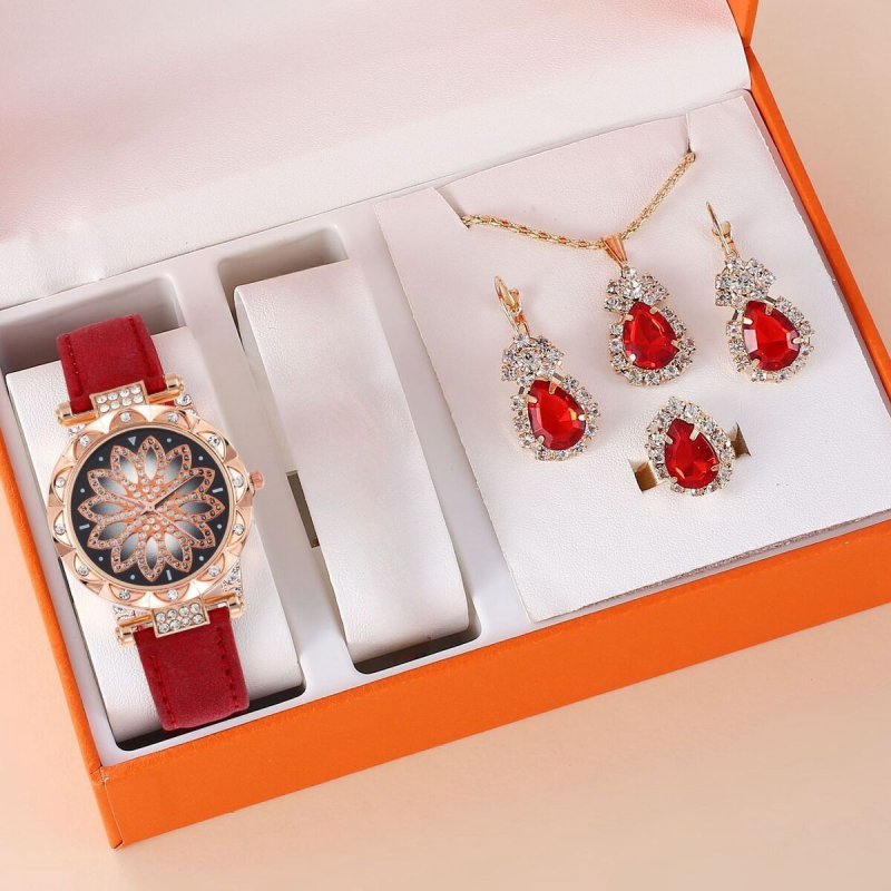 Ženski set satova s dijamantnim detaljima, svakodnevni kvarc sat, kućište od nehrđajućeg čelika, remen od umjetne kože, okrugli brojčanik 32 mm