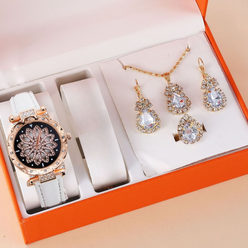 Ženski set satova s dijamantnim detaljima, svakodnevni kvarc sat, kućište od nehrđajućeg čelika, remen od umjetne kože, okrugli brojčanik 32 mm