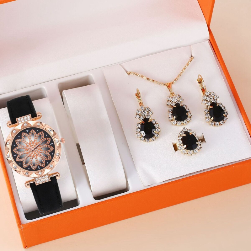 Ženski set satova s dijamantnim detaljima, svakodnevni kvarc sat, kućište od nehrđajućeg čelika, remen od umjetne kože, okrugli brojčanik 32 mm