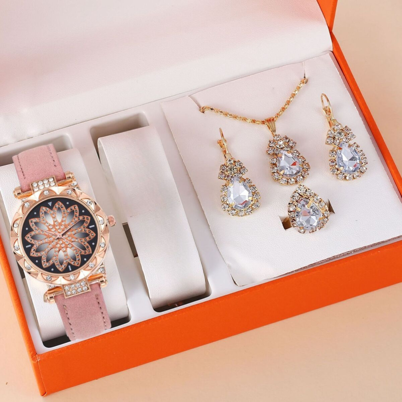 Ženski set satova s dijamantnim detaljima, svakodnevni kvarc sat, kućište od nehrđajućeg čelika, remen od umjetne kože, okrugli brojčanik 32 mm