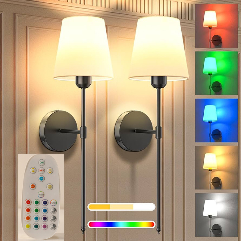 Zidna svjetiljka s RGB LED žarulom i regulacijom jačine boje, s tekstilnim sjenilom, pogodna za dnevni boravak, spavaću sobu i hodnik