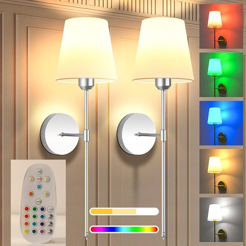 Zidna svjetiljka s RGB LED žarulom i regulacijom jačine boje, s tekstilnim sjenilom, pogodna za dnevni boravak, spavaću sobu i hodnik