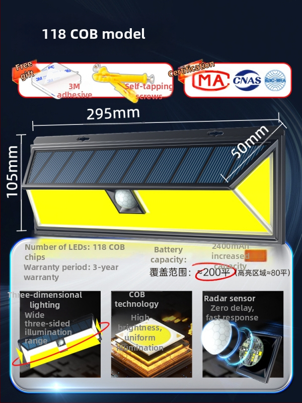 Novo solarno vanjsko svjetlo za vrt, s senzorom pokreta, kućna uporaba, IP56 vodootporno, daljinsko upravljanje, 5W, dizajn trapeza i trokuta