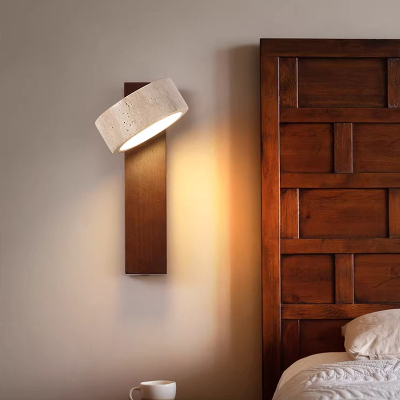 Okretna zidna lampa za čitanje u spavaćoj sobi, žuto travertin i orahovo drvo, vintage stil, LED, japanski stil
