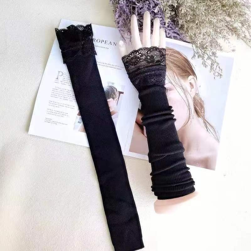 Ženske Crne Pletene Narukvice Za Ruke S Čipkom Od Pamuka, Elegantni Unutarnji Sloj