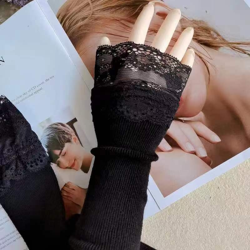 Ženske Crne Pletene Narukvice Za Ruke S Čipkom Od Pamuka, Elegantni Unutarnji Sloj