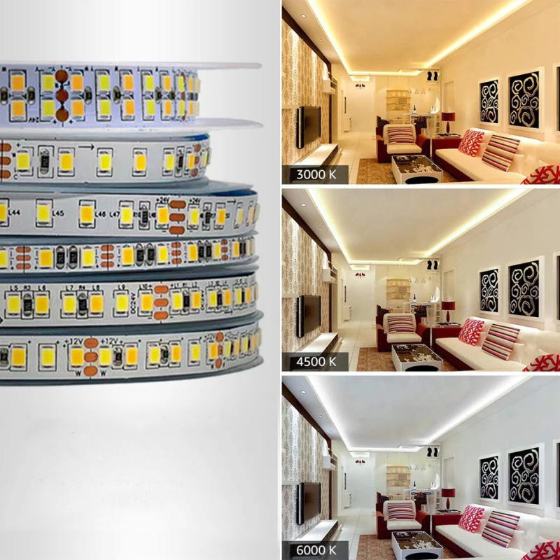 2835 dvobojna LED traka s tri temperature boja, 2-u-1 inteligentno neprekidno podešavanje svjetla, samoljepljiva, duljina 5 m, 12/24V