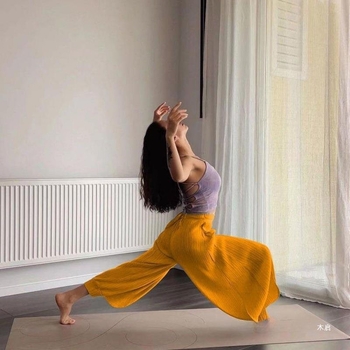 Pantaloni de yoga indieni pentru femei – vară, talie înaltă, elastici, largi, din in gază cu drapaj