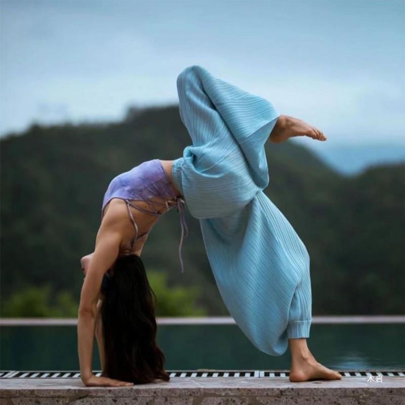 Pantaloni de yoga indieni pentru femei – vară, talie înaltă, elastici, largi, din in gază cu drapaj